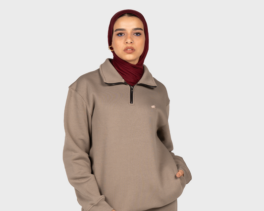 Basic Zippered Sweatshirt Beige