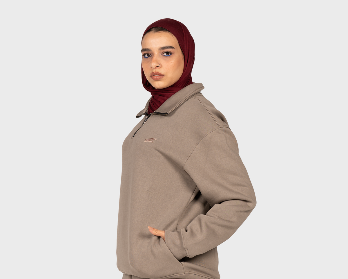 Basic Zippered Sweatshirt Beige